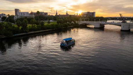 A sunset cruise leaving downtown Tampa